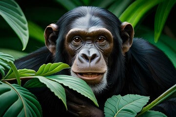 A close of Chimpanzee in the forest between trees - Generative AI