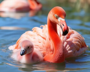 A baby pink flamingo swims alongside its parent. (Generative AI)