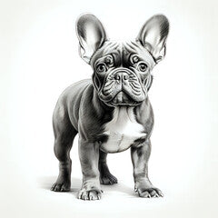 a highly detailed pencil drawing of a French Bulldog dog full body no background with subtle shadow