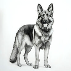 a highly detailed pencil drawing of a German Shepherd dog full body no background with subtle shadow