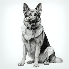 a highly detailed pencil drawing of a German Shepherd dog full body no background with subtle shadow