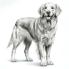 a highly detailed pencil drawing of a Golden Retriever dog full body no background with subtle shadow