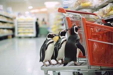 A family, a group of penguins go shopping in a supermarket.