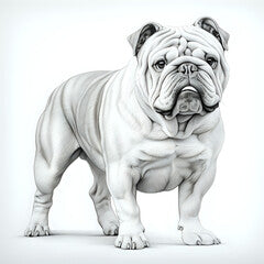 a highly detailed pencil drawing of a Bulldog dog full body no background with subtle shadow