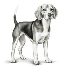 a highly detailed pencil drawing of a Beagle dog full body no background with subtle shadow grayscale