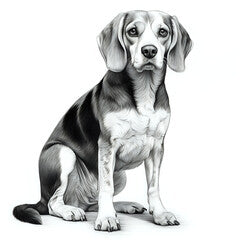 a highly detailed pencil drawing of a Beagle dog sitting full body no background with subtle shadow grayscale