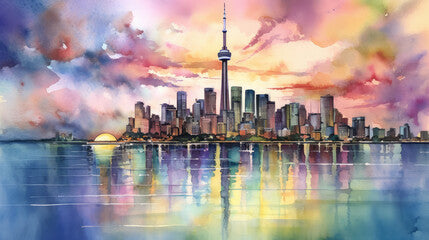 Colorful watercolor painting of Toronto skyline and Lake Ontario at sunset in Toronto, Ontario, Canada.