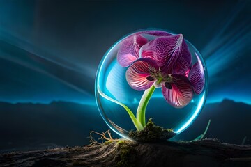 3D illustration of a crystal ball with flowers