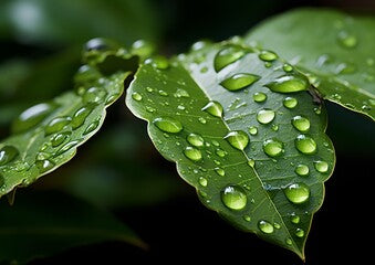 A green leaf with raindrops on it, generative ai