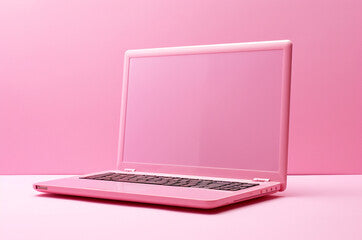 barbiecore. Pink laptop on a pink background