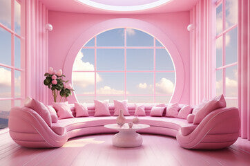 barbiecore. Pink interior. pink world. panoramic windows