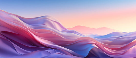 Abstract background with translucent neon colored waves against gradient sky. 21 to 9 aspect ratio. Generative AI