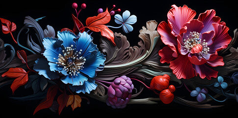 3d beautiful flowers in digital form, in the style of dark compositions, hyper-detailed illustrations  on black background created with Generative AI technology