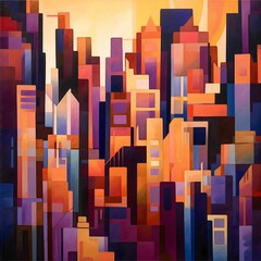 Abstract painting of a city skyline with a vibrant orange sunset backdrop, Ai-generated.