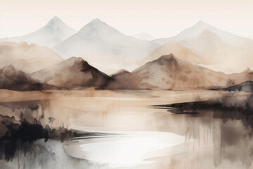 Watercolor neutral minimalist mountains and water landscape illustration