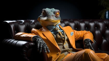 a humanoid lizard wearing a bright green and orange suit, in the style of pop art influencer, sitting on an black sofa like a director light orange and dark magenta