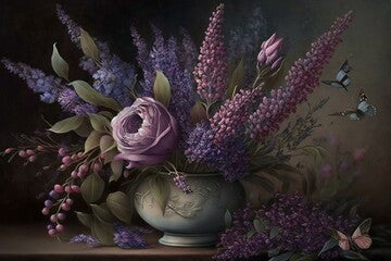 Arrangement of lavender and purplish blooms. Generative AI