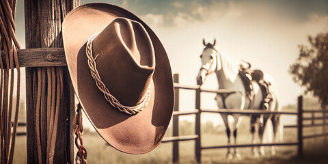 A cowboy hat and lasso hang from the ranch's wooden fence. AI generated.