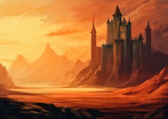 Fantasy illustration,  the castle, paintings desert landscape, fine art, artwork