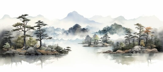 River, forest, and mountain landscape traditional oriental painting style background. Generative AI technology.