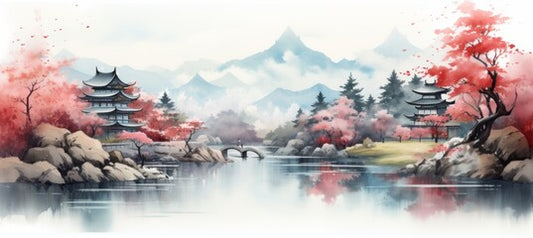 Temple at beautiful riverside mountain landscape traditional oriental painting style background. Generative AI technology.