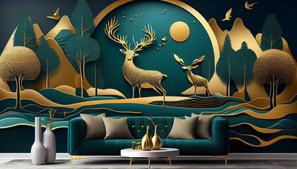 3d abstraction modern and creative interior mural wall art wallpaper with dark green and golden forest trees, deer animal wildlife with birds, golden moon and waves mountains, Ai generated image
