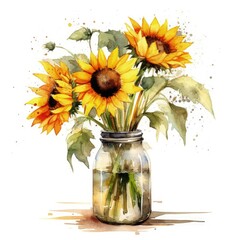 Watercolor illustration of a vibrant still life painting depicting sunflowers in a rustic mason jar
