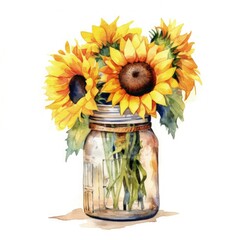 A vibrant still life painting featuring sunflowers in a charming mason jar