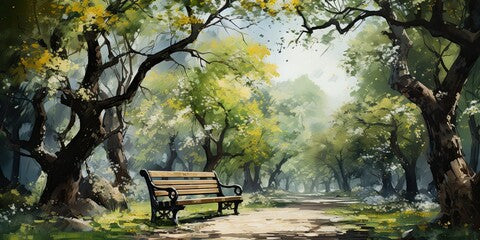 impressionism painting of bench in the park with flowers and trees, generative AI