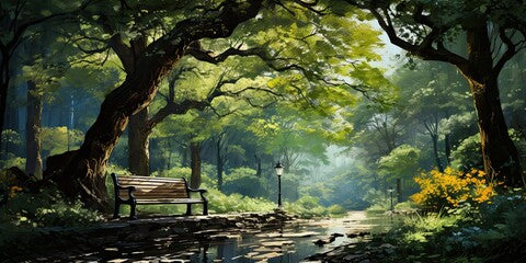 impressionism painting of bench in the park with flowers and trees, generative AI