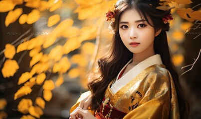 A charming portrait capturing the essence of a girl in traditional Japanese attire amidst a picturesque autumn backdrop.