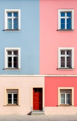 two-tone retro building in pink and blue with protors and doors