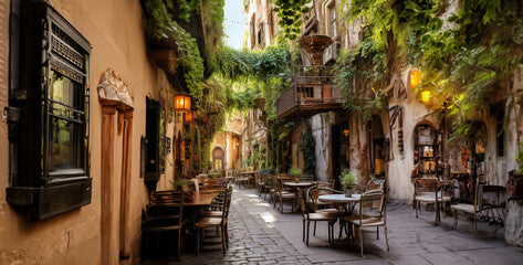 An alley with a number of cafes and tables and chair. Generative Ai content