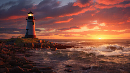 A painting of a lighthouse on a rocky shore