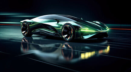 A modern streamlined car in dark green colors, in the style of wavy lines and organic shapes, ethereal lighting. Generative AI