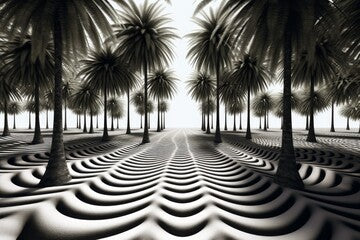 A black and white photo of palm trees. Optical illusion