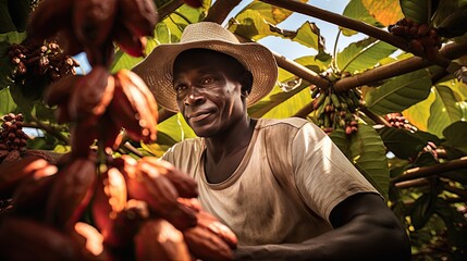 A farmer on a cocoa plantation harvests.  Generative Ai