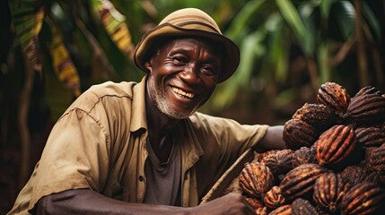 A farmer on a cocoa plantation harvests.  Generative Ai