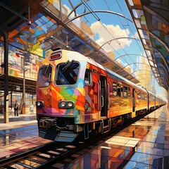 Abstract painting Train station in early morning, empty train, vintage style. AI generated image