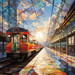 Abstract painting Train station in early morning, empty train, vintage style. AI generated image