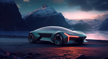 A futuristic concept car in dark blue, green and red colors. Generative AI