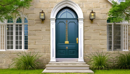 Design an inviting Tudor entryway with a decorative arched door a lantern style pendant light and stone steps leading up to the entrance
