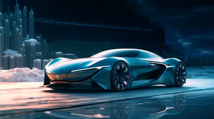 A futuristic concept car in dark blue and green colors. Winter. Generative AI