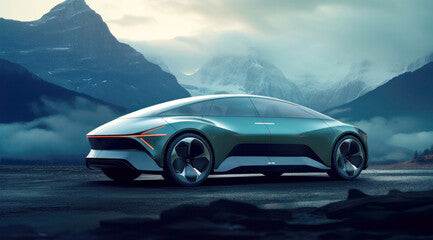 A futuristic concept minivan car in dark blue and green colors. Generative AI