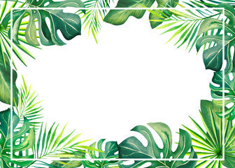 A frame made of tropical plants. Monstera, palm branch, strelitzia, banana leaves. Brazilian carnival. Watercolor illustration.