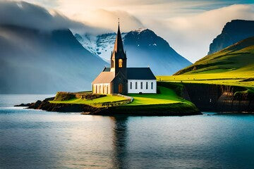 A picturesque church stands proudly by the sea. The church's charming architecture is set against a breathtaking backdrop of the vast ocean and majestic mountains - Generative AI