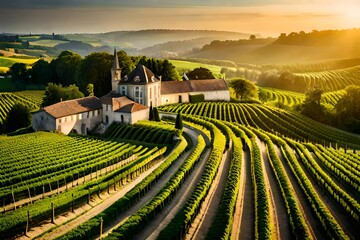 The vineyards of a village stretch across the rolling hills, a breathtaking tapestry of lush green vines - Generative AI