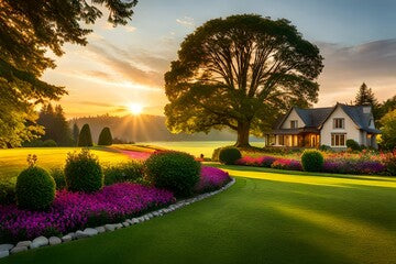A beautiful manicured house, lawn, and flowerbed with deciduous shrubs on a private plot - Generative AI