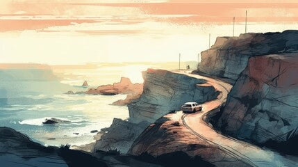 Travel illustration. Coast, art, minimalism, romanticism, watercolors, pastels. Generative AI.