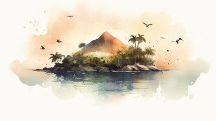 Travel illustration. Hawaiian islands. Art, minimalism, romanticism, watercolors, pastels. Generative AI.